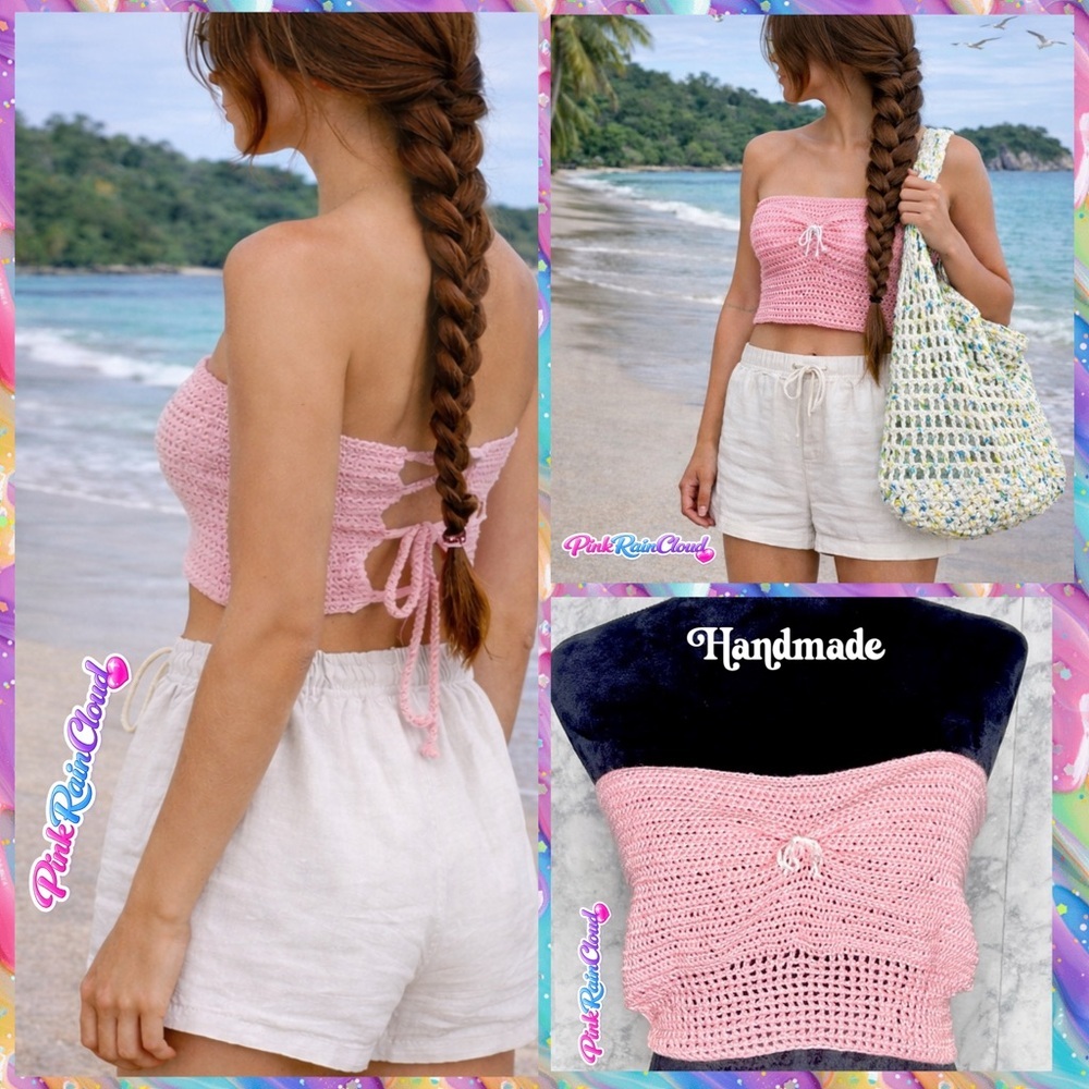 Handmade Crochet Pink ORGANIC Open Back Adjustable Crop Top OS PinkRainCloud